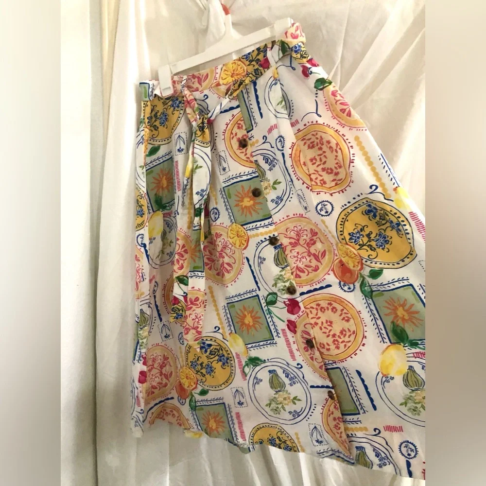 Fruit Celestial multi print boho‎ self tie waist buttoned  skirt size large new